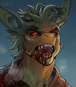 angry anthro black_sclera blood bodily_fluids clothed clothing echoloian feathers green_body green_feathers green_hair hair looking_at_viewer male multicolored_hair open_mouth red_eyes short_hair solo tongue cyberhound reptile scalie absurd_res hi_res