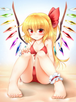 accessory bikini blonde_hair blush clothed clothing colored_nails crystal fangs female flat_chested hair hair_accessory hair_ribbon long_hair nails not_furry pink_nails ponytail red_eyes ribbons sitting skimpy smile solo swimwear teeth two-piece_swimsuit unusual_anatomy unusual_wings white_body white_skin wings m9kndi touhou flandre_scarlet humanoid vampire 3:4 hi_res