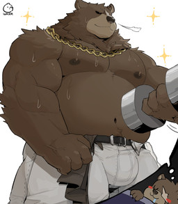 anthro black_nose bodily_fluids bottomwear brown_body bulge clothing dumbbell exercise eyes_closed male moobs musclegut muscular nipples overweight overweight_male pants sleeping solo sweat weightlifting weights workout warr mihoyo zenless_zone_zero ben_bigger bear mammal 2024 absurd_res hi_res