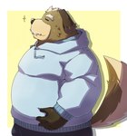 anthro belly big_belly black_nose blush bottomwear brown_body brown_fur clothing eyes_closed fur hoodie humanoid_hands kemono male mature_male overweight overweight_male pants simple_background solo topwear emufu canid canine canis domestic_dog mammal 2022 hi_res