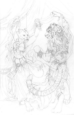anthro belly_dancer bracelet breasts dancing duo female harem harem_outfit jewelry tail dark_natasha heather_bruton domestic_cat felid feline felis mammal pantherine tiger 2006 artist_collaboration monochrome