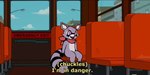 ambiguous_gender bus caption commercial_vehicle inside_bus purple_eyes scarf solo text vehicle coffeefly i'm_in_danger_(meme) indigo_park the_simpsons rambley_raccoon mammal procyonid raccoon 2:1 draw_over english_text meme