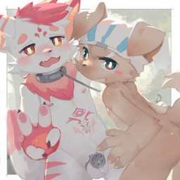 4_fingers anthro balls barbell_piercing blush bodily_fluids chastity_cage chastity_device clothing collar dripping duo fingers flat_chastity_cage frown fur genital_fluids genitals gesture green_eyes grin hand_gesture hat headgear headwear kemono leaning leaning_forward looking_back male male/male nipple_barbell nipple_piercing nipples nude open_mouth piercing precum precum_drip red_body red_fur smile standing turning_head v_sign white_body white_fur yellow_body yellow_eyes yellow_fur young zhongs2011 canid canine canis domestic_dog fox mammal 1:1