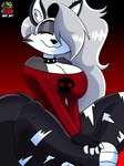 anthro big_breasts biped black_bottomwear black_clothing black_footwear black_gloves black_handwear black_pants black_socks bone bottomwear breasts choker clothed clothed_anthro clothed_female clothing crossed_legs eyes_closed female fingerless_gloves fingers footwear front_view fur gloves gradient_background grey_body grey_fur grey_hair hair handwear humanoid_hands jewelry logo long_hair necklace pants red_clothing red_shirt red_topwear shirt simple_background sitting skull smile socks solo tail text thick_thighs toeless_footwear toeless_socks topwear torn_bottomwear torn_clothing torn_pants white_body white_fur vash_art helluva_boss mythology loona_(helluva_boss) canid canid_demon canine demon hellhound mammal mythological_canine mythological_creature 2023 3:4 absurd_res artist_logo artist_name colored hi_res shaded