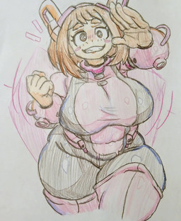 big_breasts breasts clothing female hair huge_breasts huge_thighs jumpsuit solo superhero superhero_costume thick_thighs welyr my_hero_academia ochaco_uraraka human mammal
