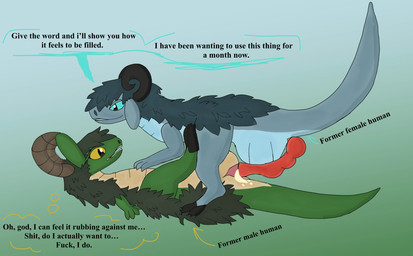 after_transformation assertive_male blue_body blue_eyes blue_fur bodily_fluids cum duo female feral fur genital_fluids green_body grey_body grey_fur horn imminent_sex male male/female profanity rubbing text yellow_eyes dewodude dragonscape drekir hybrid scalie english_text hi_res