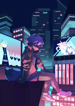 5_fingers anthro billboard black_nose blue_body blue_hair brown_body brown_fur building city clothed clothing female fingers fluffy fluffy_tail footwear fur hair jacket night shoes sitting skyscraper solo tail topwear antlerdragon brand_new_animal studio_trigger michiru_kagemori canid canine mammal raccoon_dog tanuki 2020 hi_res