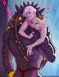 blue_eyes bracelet butt carrying_another clothing cybernetics duo gold_(metal) gold_jewelry hair_jewelry heart_symbol jewelry larger_humanoid looking_at_viewer machine male male/male muscular muscular_male necklace nipples nude pseudo_hair size_difference smaller_human smile teeth tentacle_hair tentacles thong underwear commander_braithor predator_(franchise) izok_(xenoguardian) stephen_mavis alien human humanoid mammal yautja hi_res
