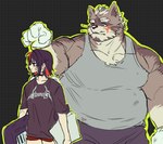 anthro black_hair brown_body brown_fur clothing duo female fur hair male musclegut muscular shirt tank_top topwear bahamunoaka9 lifewonders live_a_hero sensettia viscunam human mammal procyonid raccoon hi_res