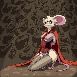 accessory arms_tied bdsm bondage bound breasts brown_background cape cave clothing corset detailed_background digitigrade feet female flesh_fang garter_straps grimace hands_behind_back kneeling legwear lingerie looking_at_viewer mouse_tail necktie pink_feet red_cape red_clothing red_necktie restraints rope rope_bondage simple_background small_breasts solo spotlight stockings tan_body topwear metaphos mina_the_hollower yacht_club_games mina_(mina_the_hollower) mammal mouse murid murine rodent 1:1 2026 absurd_res cel_shading digital_drawing_(artwork) digital_media_(artwork) hi_res shaded