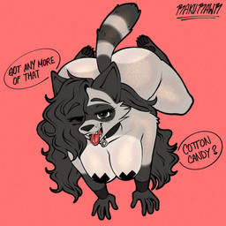 4_toes 5_fingers all_fours anthro big_breasts big_butt biped breasts breath butt choker claws crawling curly_hair dialogue eye_through_hair eyebrow_through_hair eyebrows eyelashes eyelashes_through_hair feet female fingers grey_body hair jewelry markings necklace nipple_tape open_mouth panting pasties pawpads paws smug solo striped_markings striped_tail stripes tail tail_markings tape text toes tongue tongue_out translucent translucent_hair rakurawr connie_(rakurawr) mammal procyonid raccoon 1:1 english_text full-length_portrait hi_res portrait