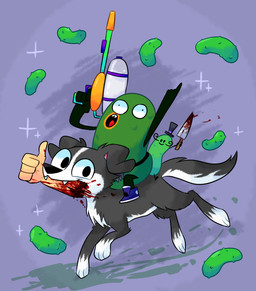 anthro black_body black_fur clothing dipstick_tail facial_hair feral food fur gesture group hand_gesture hat headgear headwear holding_knife holding_object holding_toy holding_toy_gun holding_water_gun knife male markings mustache pickle_(food) tail tail_markings thumbs_up top_hat torn_arm toy toy_gun trio water_gun white_body white_fur vdru7 adult_swim cartoon_network disney happy_tree_friends mondo_media mr._pickles_(series) pickle_and_peanut mr._pickels_(htf) mr._pickles pickle_(pickle_and_peanut) border_collie canid canine canis collie domestic_dog food_creature herding_dog mammal pastoral_dog sheepdog unavailable_at_source