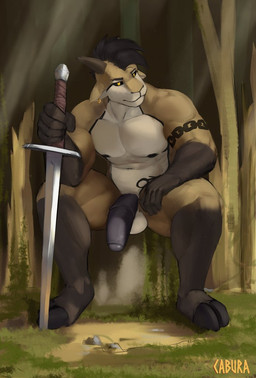 anthro balls big_penis black_body black_hair black_nipples black_penis black_sclera brown_body ear_piercing feet foreskin genitals hair horn humanoid_genitalia humanoid_penis male markings melee_weapon nipples penis piercing sitting solo sword weapon white_body yellow_eyes cabura sorin_(cabura) bovid caprine goat mammal 2023