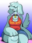 anthro biped blue_body blue_fur blush breasts cleavage clothed clothing collar female fur gradient_background hair hair_over_eyes heart_symbol open_mouth simple_background sitting solo wide_hips greliz canid canine canis domestic_dog mammal 3:4 hi_res