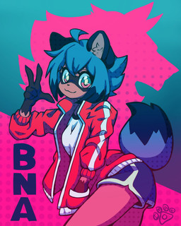 anthro athletic_wear blue_hair brown_body brown_fur clothed clothing dipstick_tail female fur gloves_(marking) hair markings multicolored_eyes multicolored_hair multicolored_tail shirt solo tail tail_markings topwear tracksuit white_clothing white_shirt white_topwear imako-chan brand_new_animal studio_trigger michiru_kagemori canid canine mammal raccoon_dog tanuki 2020 hi_res