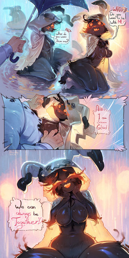3_fingers 3_toes 5_fingers anthro anthrofied black_body black_fur breasts clothing collared_shirt curvy_figure dialogue dress_shirt duo eyelashes faceless_character faceless_male featureless_breasts featureless_crotch feet female female_on_human female_on_top fingers first_person_view fur glistening glistening_body glowing glowing_eyes glowing_mouth hand_on_cheek heart_symbol holding_object holding_umbrella hood interspecies male male_pov medium_breasts mostly_nude_female navel nude nude_female on_top orange_eyes orange_nose orange_tongue outside pokemorph pokephilia raining shirt sitting_on_another small_waist speech_bubble spread_legs spreading text thick_thighs toes tongue topwear umbrella wet wet_body yandere ulitochka nintendo pokemon generation_7_pokemon human mammal mimikyu pokemon_(species) 2022 absurd_res comic dated digital_media_(artwork) english_text hi_res sequence
