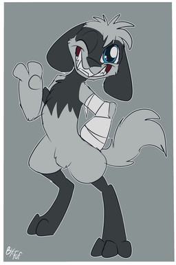 ambiguous_gender anthro bandage bandaged_arm biped black_markings black_nose blue_eyes digitigrade facial_markings floppy_ears front_view fur gesture grey_body grey_fur grin hand_on_hip hand_on_own_hip head_markings head_tuft leg_markings lop_ears markings mask_(marking) nude one_eye_closed simple_background smile socks_(marking) solo tuft waving waving_at_viewer fuf nintendo pokemon generation_4_pokemon pokemon_(species) riolu 2018 2:3 hi_res