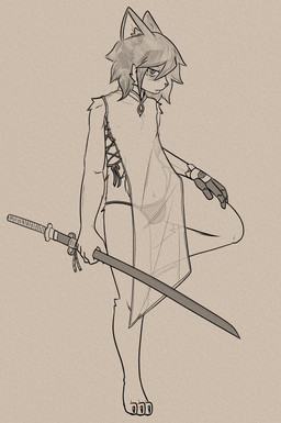 anthro bulge clothed clothing crossdressing femboy katana lingerie male melee_weapon paws prosthetic prosthetic_limb solo sword thong translucent translucent_clothing underwear weapon bastardcat3 tatsuo felid feline mammal absurd_res hi_res