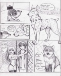 ambiguous_gender animal_genitalia canid canine canis clothed clothing comic coop_(wrng) dialogue english_text female feral fur genitals graphite_(artwork) greyscale group human male mammal monochrome natsume_(wrng) natsumewolf oz_(wrng) pencil_(artwork) rikku sheath text traditional_media_(artwork) wolf wolf's_rain wolf's_rain_next_generation