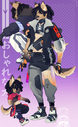 anthro chibi clothing dreadlocks eyeshadow facial_piercing fashion jewelry makeup male nose_piercing piercing smile solo tall text tongue tongue_out y2k_(graphic_design) belial43157741 devin_(yungyiff) canid canine canis domestic_dog german_shepherd herding_dog mammal pastoral_dog hi_res japanese_text translation_request