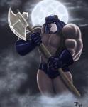 anthro armor axe clothing executioner executioner_hood fog furgonomics gloves handwear hood legwear looking_at_viewer male mask melee_weapon moon muscular muscular_anthro muscular_arms muscular_male night no_pupils solo weapon wrestling_briefs palladinthug bear mammal 2008