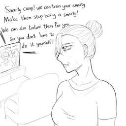 bodily_fluids clothed clothed_human clothing dialogue elderly_female elderly_human electronics female female_human furniture hair human_focus looking_at_object mouth_closed not_furry_focus sofa standing tear_trough tears television text tied_hair yellowcottoncandy030 fluffy_pony human mammal 1:1 2025 digital_media_(artwork) english_text hi_res monochrome