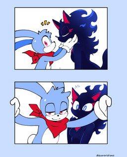anthro belly big_nose black_nose blue_body blue_eyes blue_fur blush blush_lines chest_gem clothing duo eyelashes female fire fur gem gloves hand_on_cheek handkerchief handwear imminent_kiss kerchief leaning leaning_forward looking_at_viewer male male/female mouthless red_eyelashes red_eyes red_gem red_gemstone red_handkerchief red_inner_ear red_kerchief short_anthro short_male white_belly white_body white_clothing white_fur white_gloves white_handwear quavernsfw sega sonic_the_hedgehog_(series) cinder_the_fire_entity fan_character proto_blaze rush_the_rabbit domestic_cat entity felid feline felis lagomorph leporid mammal rabbit 2026 comic hi_res multiple_scenes