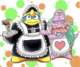 anthro blush clothed clothing crossdressing dessert duo facial_hair food goatee holding_object holding_plate ice_cream looking_at_viewer maid_uniform male mature_anthro mature_male open_mouth overweight overweight_anthro overweight_male pattern_background plate simple_background uniform chasoba11 kirby:_right_back_at_ya! kirby_(series) nintendo escargoon king_dedede avian bird gastropod mollusk penguin snail 2011 japanese_description