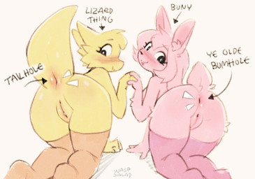 anthro anus biped blush breasts butt clothed clothed_anthro clothed_female clothing duo female fingers fur genitals hair looking_back rear_view smile tail vulva waspsalad kobold lagomorph leporid mammal rabbit scalie 2026 digital_drawing_(artwork) digital_media_(artwork) hi_res
