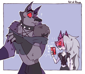 alternate_costume anthro blue_background blush blush_lines border cellphone clothed clothing clothing_swap collar crop_top crossdressing duo electronics female fingerless_gloves fur gloves grey_body grey_fur hair handwear long_hair male midriff notched_ear one_eye_closed phone red_sclera shirt simple_background smartphone spiked_collar spikes tail taking_picture topwear torn_sleeves white_body white_border white_fur white_hair artofrhues hellaverse helluva_boss mythology loona_(helluva_boss) vortex_(helluva_boss) canid canid_demon canine canis demon hellhound mammal mythological_canine mythological_creature wolf 2021 absurd_res hi_res