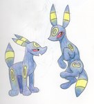 ambiguous_gender feral front_view glowing glowing_ears glowing_tail looking_at_viewer lying narrowed_eyes on_back open_mouth raised_tail side_view solo standing tail teochronico nintendo pokemon eeveelution generation_2_pokemon pokemon_(species) umbreon colored_pencil_(artwork) hi_res traditional_media_(artwork)