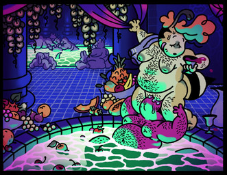 alcohol andromorph andromorph_anthro antennae_(anatomy) anthro areola arm_hair bath bathhouse bathing belly_hair beverage blonde_hair bodily_fluids body_hair chest_hair container cunnilingus cup detailed_background duo_focus eyes_closed food fruit genital_fluids goblet green_lighting group hair hairy hairy_male holding_beverage holding_both_legs holding_goblet holding_object intersex intersex_anthro leg_hair light looking_pleasured male male_anthro moobs navel nude_anthro obscured_genitals open_mouth oral oral_penetration overweight overweight_andromorph overweight_intersex overweight_male partially_submerged penetration pink_body plant public public_sex sex spa tail text toony towel towel_on_shoulder vaginal vaginal_fluids vaginal_fluids_on_face vaginal_penetration wine yellow_body polychaete_(artist) atlas_(milkbubbles) background_character rake_(polychaete) annelid arthropod bee bristle_worm hymenopteran insect ragworm 2024 alternate_version_at_source digital_drawing_(artwork) digital_media_(artwork) english_text hi_res lighting trans_(lore) trans_man_(lore)