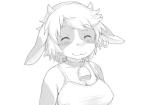 :3 anthro bell big_breasts bovid bovine breasts cattle clothed clothing collar cowbell digital_media_(artwork) ear_piercing eyes_closed female fur greyscale hair horn kikurage mammal monochrome piercing shaded shirt short_hair simple_background solo tank_top topwear ushi white_background