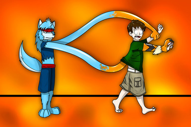 anthro barefoot biped blue_body blue_fur bottomwear brown_hair cargo_pants clothed clothing duo elastic_body feet fingers fully_clothed fur goo_transformation grabbing_another green_clothing green_shirt green_topwear hair long_arms male markings mid_transformation open_mouth orange_arms pants partial_transformation paws plantigrade shirt simple_background species_transformation standing striped_markings stripes surprised tail toes topwear transformation walking fox0808 canid canine canis human mammal wolf 2009 colored