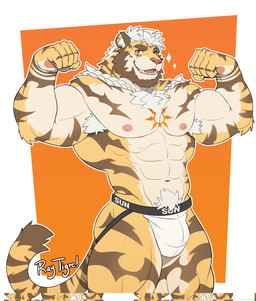abs anthro armpit_hair beard biceps body_hair border braided_hair brown_facial_hair chest_hair chest_markings chest_tuft claws clothed clothing eyebrows facial_hair finger_claws flexing flexing_bicep flexing_both_biceps forearm_muscles fur hair happy_trail jockstrap jockstrap_only looking_at_viewer male markings muscular muscular_anthro muscular_male navel obliques orange_background orange_eyes orange_markings pawpads pecs pubes simple_background solo sparkles standing striped_body striped_fur stripes text text_on_clothing text_on_jockstrap text_on_underwear topless tuft underwear underwear_only white_body_hair white_border white_claws white_clothing white_hair white_jockstrap white_underwear yellow_body yellow_fur raytig12 taiyang_(leoooliooon) felid mammal pantherine tiger 2025 artist_name hi_res