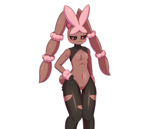anthro black_sclera blush breasts brown_body brown_ears featureless_crotch female fur hand_on_hip looking_at_viewer pink_body pink_ears pink_fur pose red_eyes solo sum nintendo pokemon generation_6_pokemon mega_evolution mega_lopunny pokemon_(species) shiny_pokemon 2021 5:4 translated_description