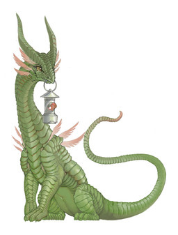 claws feral green_body green_scales horn lamp lantern scales simple_background sitting solo tail white_background yellow_eyes foxmode mythology dragon mythological_creature mythological_scalie scalie hi_res