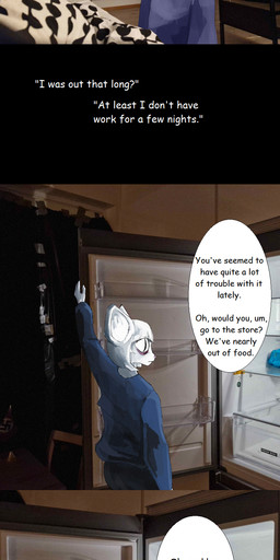 anthro apartment appliance bag blue_clothing bottle clothed clothing container dessert dialogue door duo elevator female first_person_view food fridge fur furniture hair ice_cream kitchen_appliance looking_at_self looking_at_viewer male male/female outside photo_background plant pupils slit_pupils smile speech_bubble swastika text timestamp tired_eyes trash_bag tree white_body white_fur white_hair eloisanon eloisa domestic_cat felid feline felis human mammal absurd_res comic english_text hi_res long_image photography_(artwork) tall_image