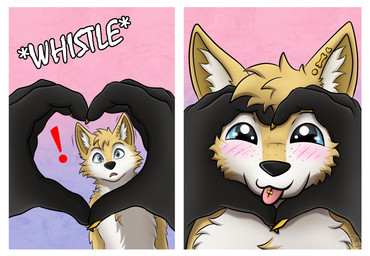 anthro blonde_hair blue_eyes blush blush_lines duo exclamation_point freckled_face freckles fur gold_(metal) gold_jewelry hair heart_symbol holidays jewelry male male/male percings piercing tongue tongue_out tongue_piercing yellow_body yellow_fur lattelamb valentine's_day canid canine canis domestic_dog husky mammal nordic_sled_dog spitz comic hi_res