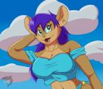 anthro big_breasts blue_hair breasts brown_body brown_eyes brown_fur cleavage clothed clothing female fur hair midriff navel off_shoulder open_mouth thebmeister dust:_an_elysian_tail bonnie_(elysian_tail) mammal mouse murid murine rodent 2018 absurd_res hi_res