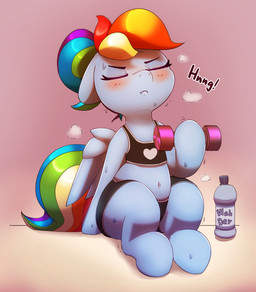 athletic_wear blue_body blue_feathers blue_wings blush bodily_fluids bottle bra clothing container dumbbell ears_down exercise eyes_closed feathered_wings feathers female feral hair holding_object hooves multicolored_hair navel pivoted_ears quadruped rainbow_hair sitting solo sports_bra sweat underwear weights wings pabbley friendship_is_magic hasbro my_little_pony mythology rainbow_dash_(mlp) equid equine horse mammal mythological_creature mythological_equine pegasus pony 2021 absurd_res hi_res