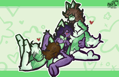 3_fingers ahoge antennae_(anatomy) anthro anthro_on_anthro anthro_penetrated anthro_penetrating anthro_penetrating_anthro areola arm_markings arm_tuft balls black_nose blush breasts brown_hair cheek_tuft chest_tuft cunnilingus elbow_tuft eyes_always_closed eyes_closed facial_tuft fellatio female female/female fingers fur genitals green_antennae green_body green_fluff green_fur hair hand_around_waist hand_on_hip hand_on_leg hand_on_thigh heart_symbol knee_tuft kneeling leg_markings leg_tuft legs_up long_hair lying male male/female markings multicolored_body multicolored_fur nipples nude on_front oral oral_penetration penetration penile penile_penetration penis_in_mouth pink_tongue purple_areola purple_body purple_hair sex shoulder_tuft sitting smile tail tongue tuft vaginal white_body white_fur mintymal_ink casanova_(unsureumbra) nova_(unsureumbra) psylocyb arthropod canid canine fox insect lepidopteran mammal moth hi_res signature