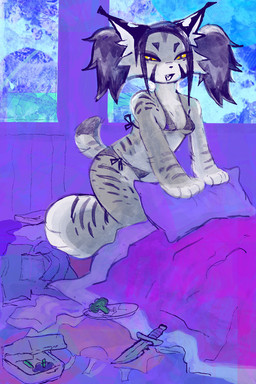 anthro bed bedding bikini black_bikini black_clothing black_hair black_swimwear blanket bow_(feature) broccoli clothing fangs female food fur furniture grey_body grey_fur hair inner_ear_fluff knife paws pigtails pillow plant solo striped_body stripes swimwear takeout_box teeth tuft two-piece_swimsuit vegetable white_inner_ear_fluff yellow_sclera roadkillblvd felid feline lynx mammal 2:3 hi_res