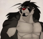 abs anthro biceps black_hair blue_eyes clothed clothing fur hair looking_at_viewer male muscular muscular_anthro muscular_male pecs red_nose solo stripes topless dazen_cobalt dazen_(character) felid mammal pantherine tiger