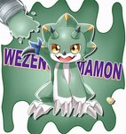 accessory anthro bodypaint bucket can claws container furgonomics green_body horn male paint paint_can solo tail tail_accessory tailband liliana86973943 bandai_namco digimon digimon_ghost_game digimon_(species) gammamon wezengammamon hi_res