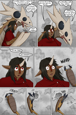 anthro black_hair black_sclera clothing dialogue female freckles hair horn house_ivenmoth_uniform male red_clothing red_eyes rock text unsigned valsalia out-of-placers isher kalgkur yannit arthropod baxxid humanoid indrel comic english_description english_text hi_res letterbox