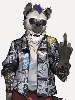 anthro arm_tattoo black_hair black_nose claws clothed clothing collar cross eyewear fully_clothed fur gesture grey_body grey_fur hair hand_gesture male middle_finger multicolored_body multicolored_fur multicolored_hair open_clothing open_shirt open_topwear shirt simple_background solo sunglasses sunglasses_on_face tattoo topwear two_tone_body two_tone_fur two_tone_hair gundanw arknights hypergryph studio_montagne spot_(arknights) hyena mammal spotted_hyena 3:4