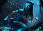 angry bodypaint clenched_teeth clothed clothing crouching face_paint female forest glowing godwin_akpan jewelry knife leather plant skimpy solo teeth teeth_showing tree war_paint warpaint james_cameron's_avatar neytiri alien alien_humanoid humanoid na'vi hi_res