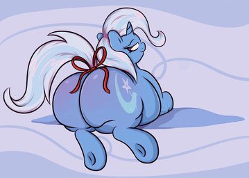 abstract_background accessory bedroom_eyes big_butt blue_body blue_fur blue_hair bow_(feature) bow_accessory bow_ribbon butt cutie_mark female feral fur furgonomics hair half-closed_eyes hooves horn huge_butt long_hair looking_at_viewer looking_back looking_back_at_viewer multicolored_hair narrowed_eyes overweight overweight_female overweight_feral presenting purple_eyes raised_tail rear_view ribbons seductive simple_background smile solo tail tail_accessory tail_bow tail_ribbon two_tone_hair graphene friendship_is_magic hasbro my_little_pony mythology trixie_(mlp) equid equine mammal mythological_creature mythological_equine unicorn hi_res