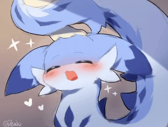 ambiguous_gender blue_body blue_fur blush cheek_tuft daww duo facial_tuft feral fur headpat kemono open_mouth open_smile smile solo_focus tuft deaic palworld pocketpair chillet human mammal pal_(species) 2d_animation animated digital_media_(artwork) frame_by_frame low_res